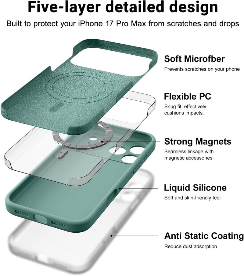 OTOFLY Magnetic for iPhone 17 Pro Max Case,Compatible with Magsafe,Classic Liquid Silicone Mobile Phone Case,Integrated Camera Control Button,Anti-Scratch Microfiber Lining, Pine Green - Image 4